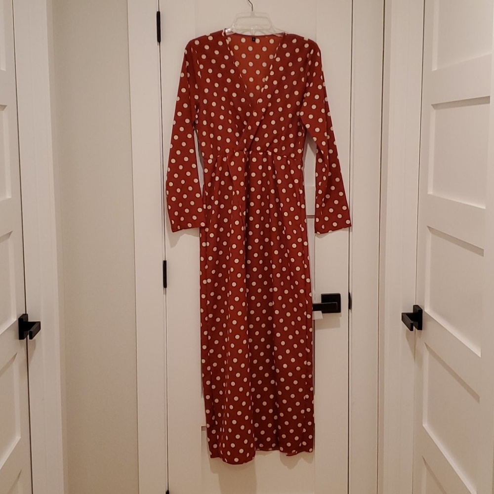 Rust and white polka dot maxi faux wrap dress